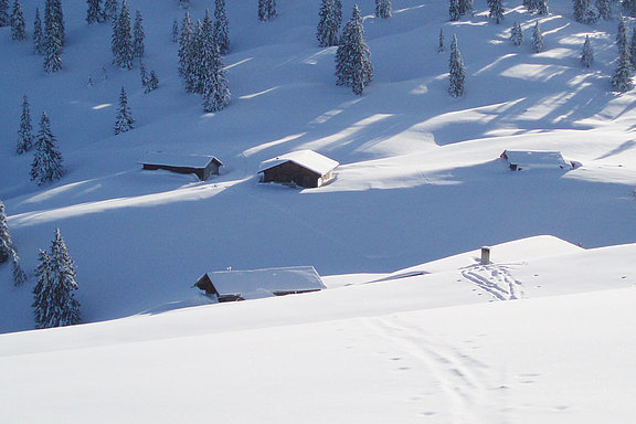 Schneebedeckte Almen im Brandenbergtal
